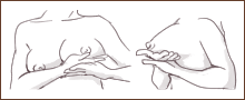 マッサージをする方の手のひら全体でお乳をすくい上げるように、真上の方向にマッサージする。これを3回繰り返す。